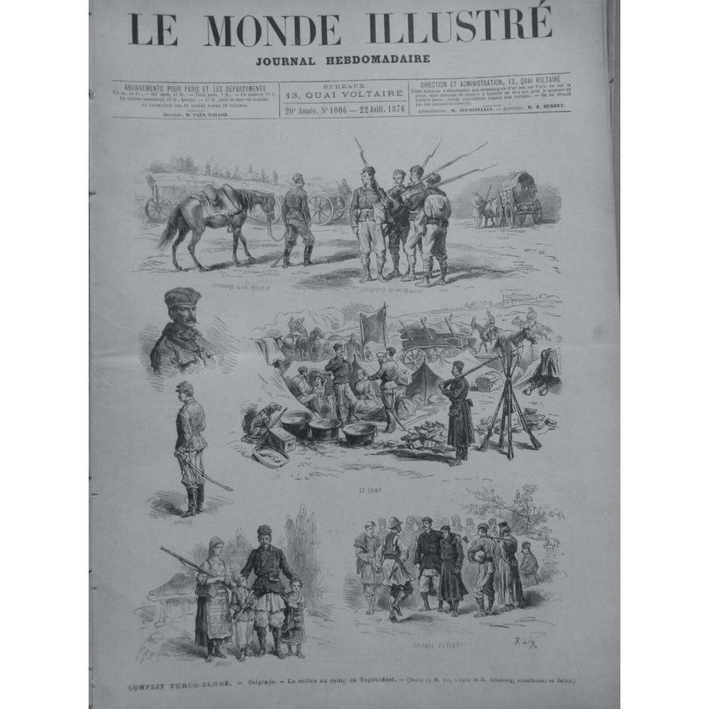 1876 SERBIE CONFLIT TURQUIE BELGRADE MILICE CAMP TOPCHIDERE DESSIN M.LIX