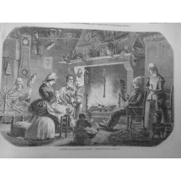 1856 I CALVADOS VEILLEE FERME CHEMINEE HORLOGUE NORMANDIE FEMMES TRAVAIL ROUET