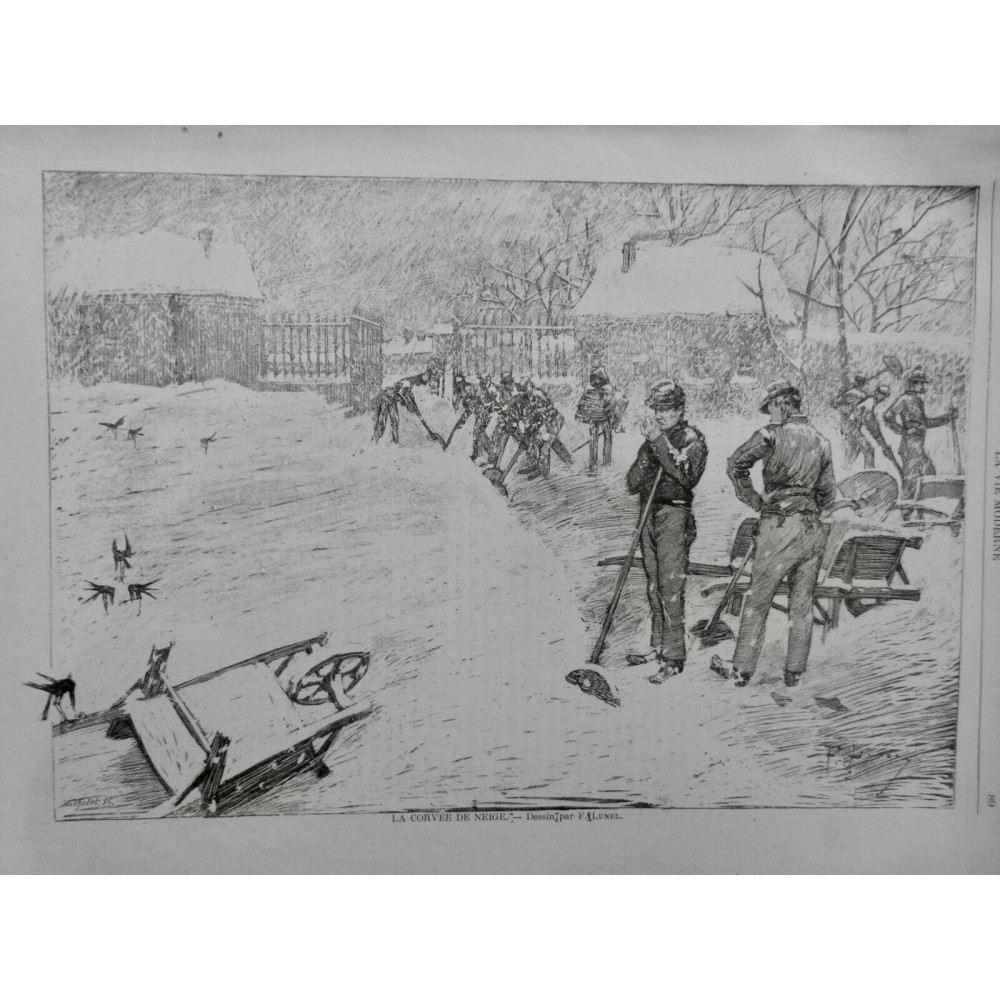 1885 VM NEIGE CORVEE PELLE BROUETTE DENEIGEMENT FROID HIVER MARECHAUSSEE LUNEL