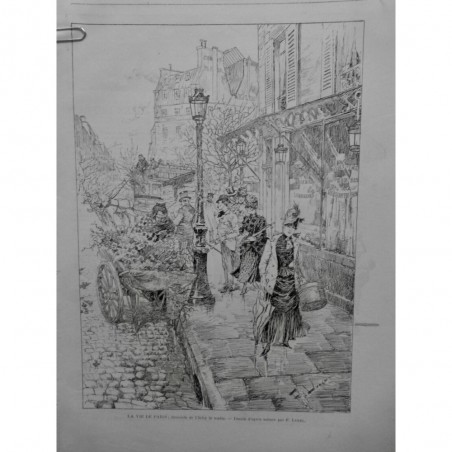 1885 VM PARIS CLICHY DESCENTE TROTTOIRE CHARETTE LEGUME MARCHAND LUNEL