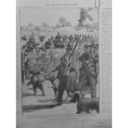 1887 MI GRANDES MANOEUVRES CHIENS GUERRE PENDANT ACTION DESSIN CH.MOREL