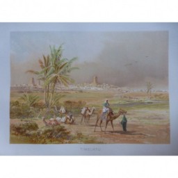 1880 GRAVURE MALI TOMBOUCTOU DROMADAIRES HABITANTS VILLE DESERT ARBRES