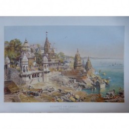 1880 GRAVURE INDE BENARES VARANASI FLEUVE GANGE GHAT MANIKARNIKA HINDOUISME