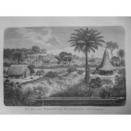 1880 GRAVURE AFRIQUE CONGO VILLAGE MANGBETU HUTTES PIROGUE