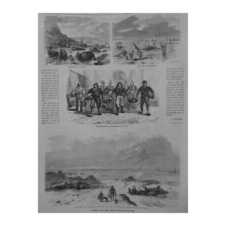 1866 MI COTES NORMANDIE PECHE CREVETTES MOULES CHASSE OISEAUX CROQUIS M.MOULIN