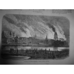 1867 I FRANCFORT ALLEMAGNE INCENDIE CATHEDRALE CROQUIS BEER FLAMMES FUMEE