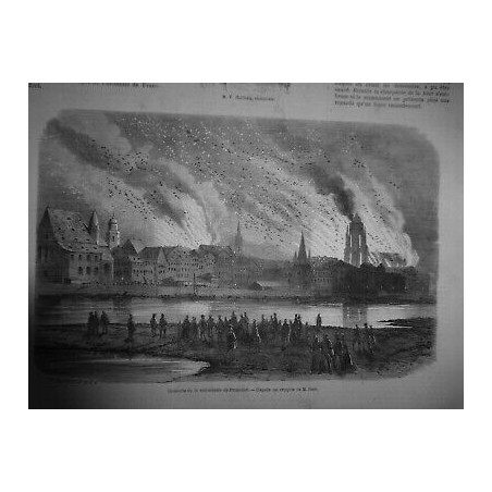 1867 I FRANCFORT ALLEMAGNE INCENDIE CATHEDRALE CROQUIS BEER FLAMMES FUMEE