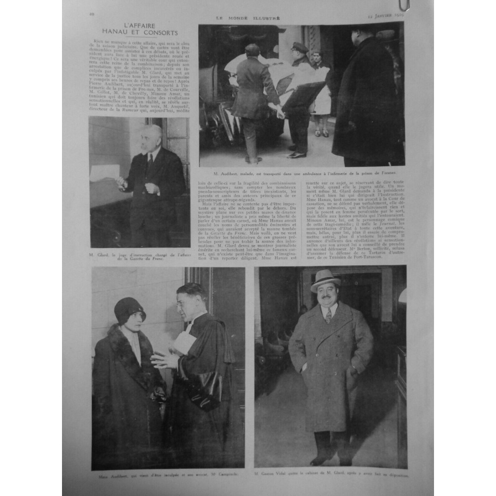 1929 MI AFFAIRE HANAU CONSORTS MME AUDIBERT AVOCAT CAMPINCHI M. GASTON