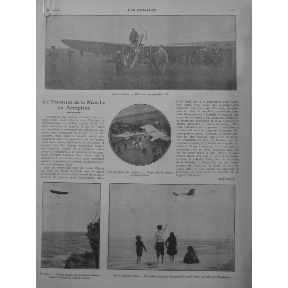 1909 LA AVIATION TRAVERSEE MANCHE AEROPLANE MONOPLAN XI BLERIOT