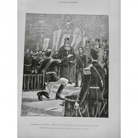 1889 IM ABDICATION ROI MILAN ALEXANDRE 1ER SERMENT FIDELITE EGLISE DESSIN MOREL