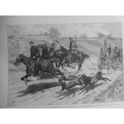 1888 I VELOCIPEDISTES CHIENS CHEVAUX MILITAIRES DRAGONS