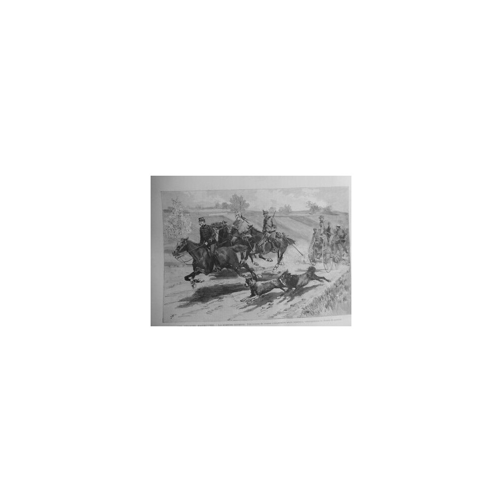 1888 I VELOCIPEDISTES CHIENS CHEVAUX MILITAIRES DRAGONS