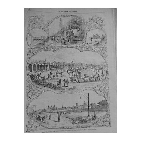 1874 PARIS EMBELLISSEMENT TRAVAUX MONTSOURIS DESSIN JULES ROCAULT