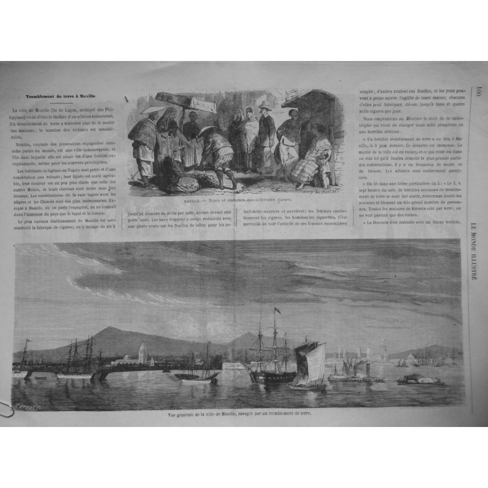 1863 MI TYPES COSTUMES MANILLE VUE GENERALE VILLE RAVAGEE TREMBLEMENT TERRE