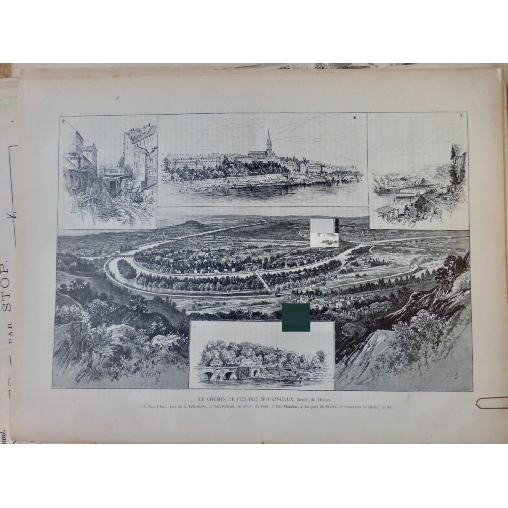 1887 PI LIGNE CHEMIN FER MOULINEAUX PONT SEVRES ST CLOUD MEUDON DESSIN DEROY