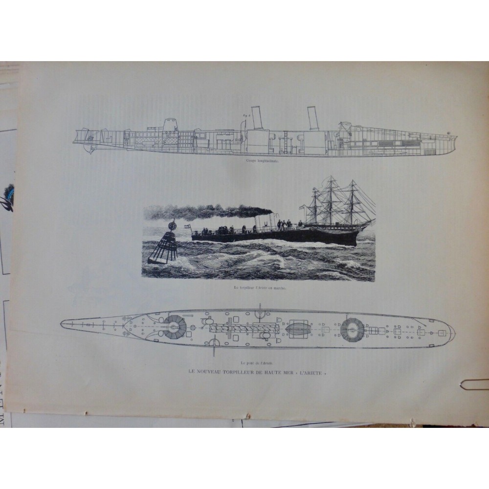 1887 PI TORPILLEUR HAUTE MER L'ARIETE COUPE LONGITUDINALE PONT CROQUIS