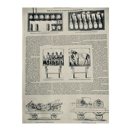 1856 I MODE TRANSPORT TROUPE CHEMIN FER WAGON SOLDAT CHEVAUX SELLES ARTILLERIE