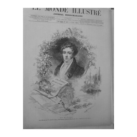 1875 BOIELDIEU COMPOSITEUR FRANCAIS OPERA DAME BLANCHE PORTRAIT 2 JOURNAUX