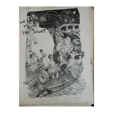 1887 BAL 14 JUILLET PARIS GROSSE CAISSE LAMPIONS FEU ARTIFICE DESSIN LUNEL