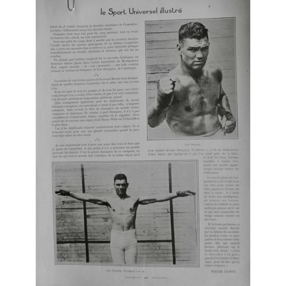 1921 SUI BOXE BOXER DEMPSEY CHAMPION MONDE KO CARPENTIER