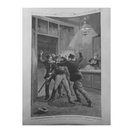 1891 CRIME MONTMARTRE ASSASSINAT DACHEUX PEZON BAR DESSIN MEYER GRAVURE MEAULLE