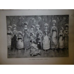 1880 BAL ENFANTS SIECLE DERNIER PETITES FILLES BONNET GRAND MERE DANCE DOS A DOS