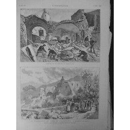 1881 ISCHIA TREMBLEMENT TERRE TRANSPORTS VICTIMES CASAMICCIOLA CROQUIS M.LAZZARO