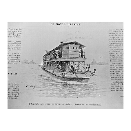 1895 BATEAU L'ESPIEGLE CANONNIERE RIVIERE EXPEDITION MADAGASCAR