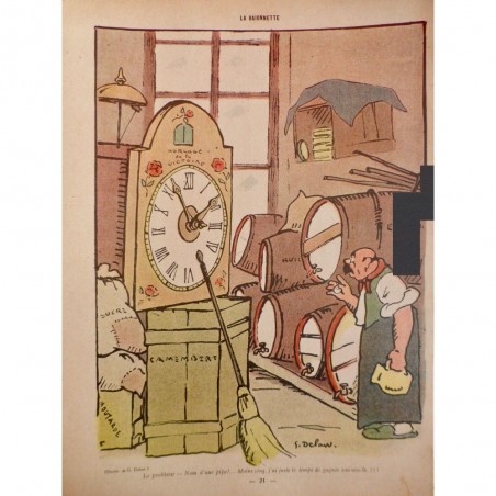 1919 HEURE DESSIN DELAW VITICULTEUR TONNEAU VIN HORLOGE PENDULE