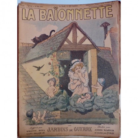 1917 FEMME DESSIN WILLETTE JARDINS GUERRE NAISSANCE NOURRISSON CASQUE CHOUX