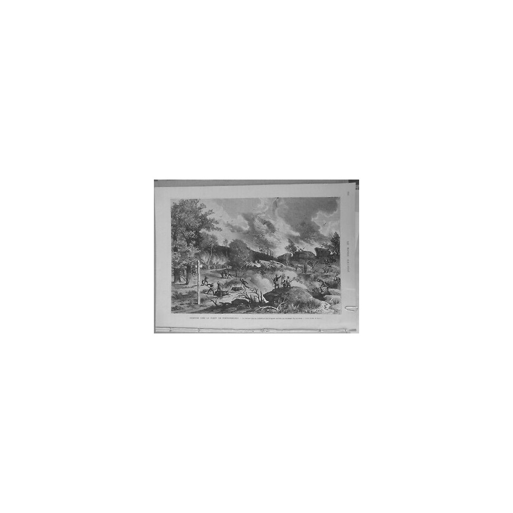 1874 FORET FONTAINEBLEAU INCENDIE ROCHER CANON DESSIN M BERARD