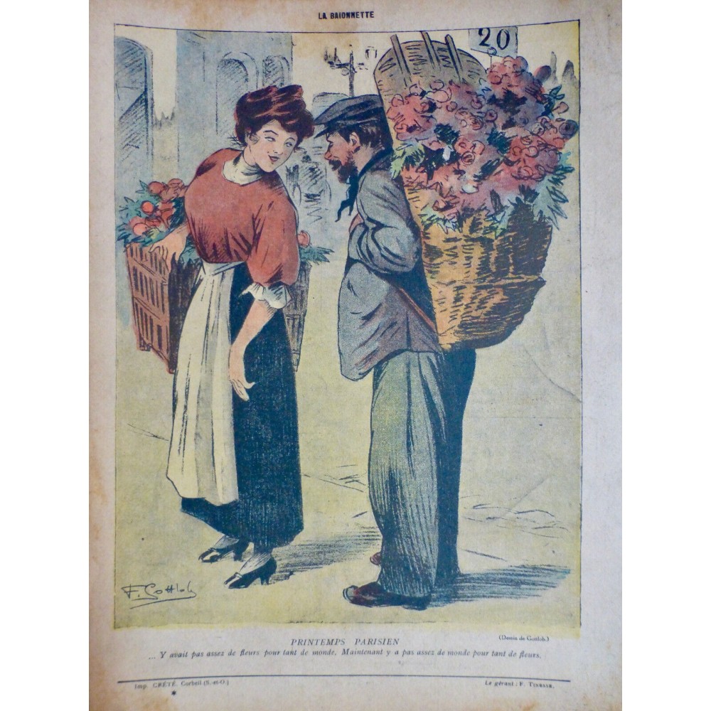 1918 FEMME DESSIN GOTTLOB PRINTEMPS PARISIEN HOTTE FLEURS