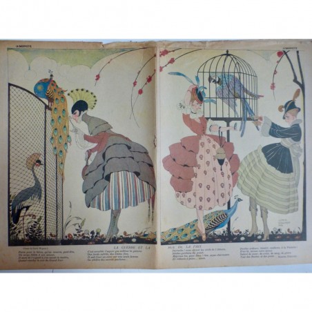 1916 FEMME DESSIN GERDA WEGENER PARC ZOOLOGIQUE TOILETTE OISEAUX PAON PERRUCHE