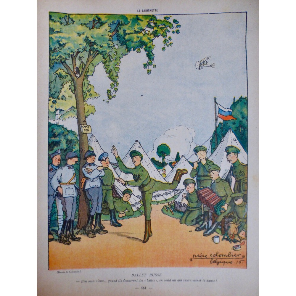 1916 DESSIN COLOMBIER BALLET RUSSE GUERRE ARMEE CAMPEMENT