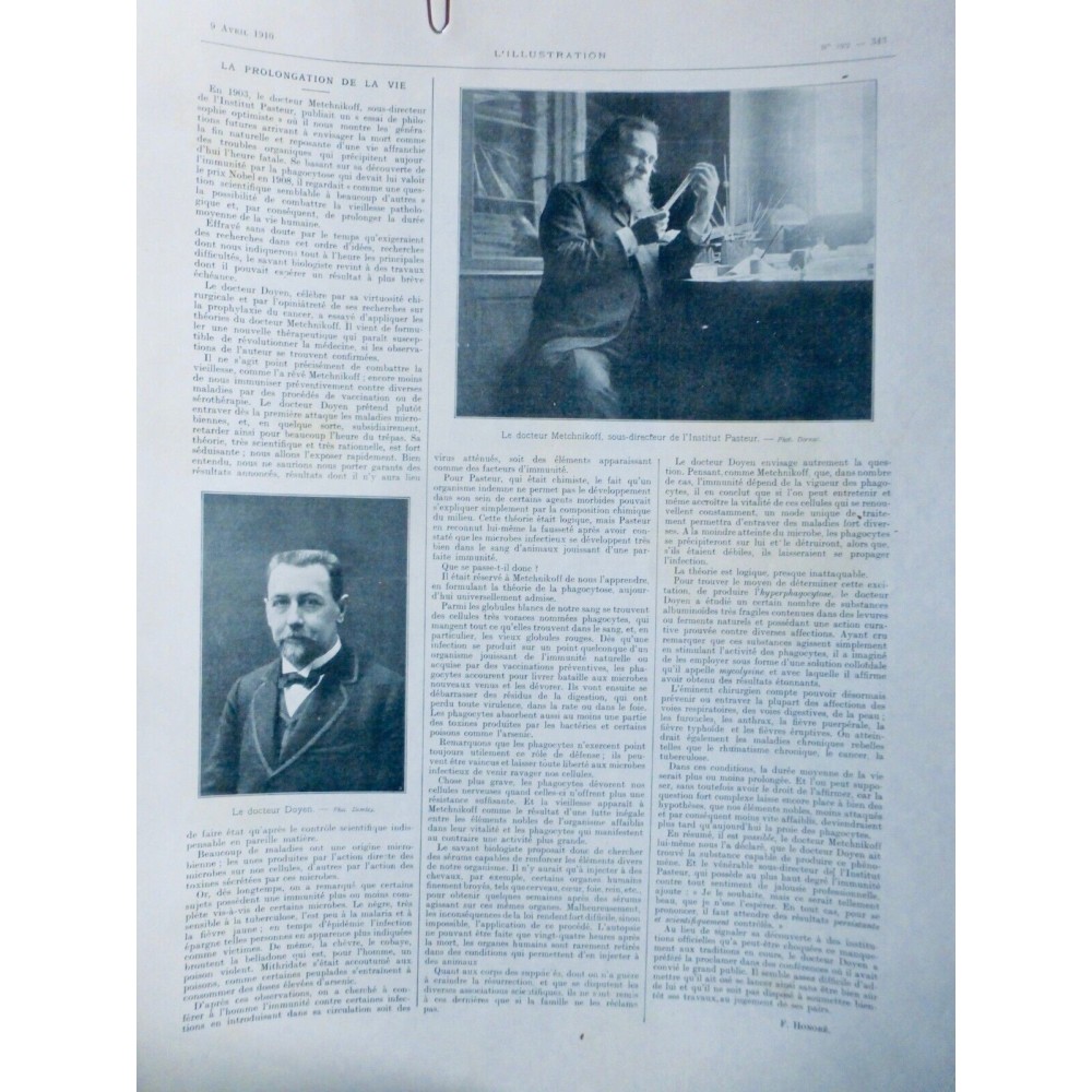 1910 I PROLONGATION VIE DOCTEUR METCHNIKOFF INSTITUT PASTEUR