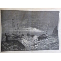 1872 PECHE NUIT CAP NORD NORVEGE BARQUE BALEINE MER AGITEE