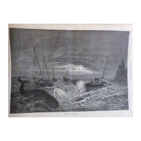 1872 PECHE NUIT CAP NORD NORVEGE BARQUE BALEINE MER AGITEE