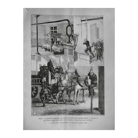 1886 UI PARIS NOUVELLE CASERNE SAPEUR POMPIER DORTOIR MÂT DESCENTE POMPE VAPEUR