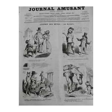 1857 JA CARICATURE ESPRIT BÊTE JOURNAL CANARD DINDON CHIEN MUSELIERE RANDON