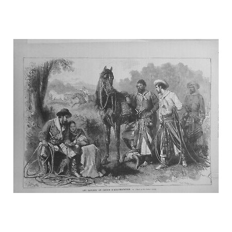 1878 JARDIN ACLIMATATION PRESENTATION ETRES HUMAINS GAUCHOS DESSIN GUSTAVE JANET