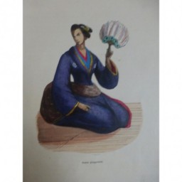 1846 GRAVURE JAPON DAME JAPONAISE EVENTAIL