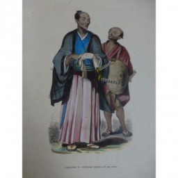 1846 GRAVURE JAPON JAPONAIS DE CONDITION DISTINCTE AVEC SON SERVITEUR KATANAS