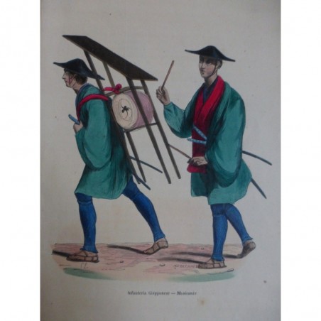 1846 GRAVURE JAPON MUSICIEN INFANTERIE JAPONAIS INSTRUMENTS MUSIQUE PERCUSSIONS