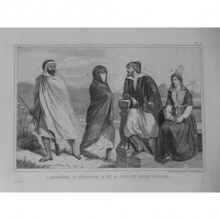 1835 GRAVURE ALGERIE BERBERE FEMME NOIRE VOILE JUIF JUIVE ALGER