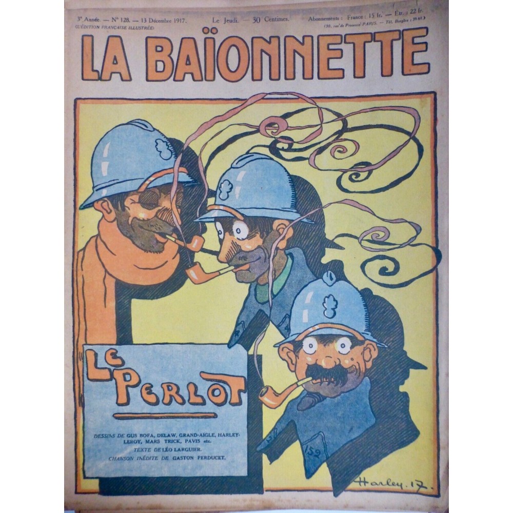 1917 DESSIN HARLEY GUERRE ARMEE SOLDAT CASQUE PIPE FUMEE TABAC