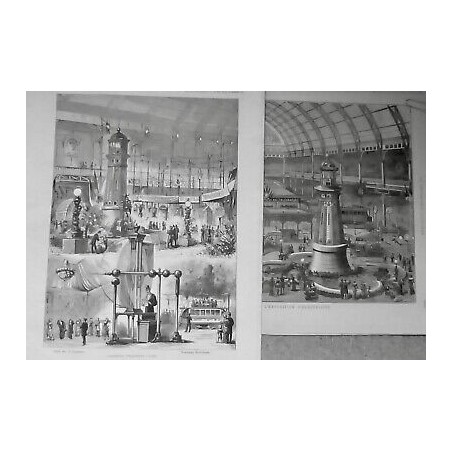 1881 PHARE ELECTRIQUE ELECTRICITE EXPOSITION PARIS FAISCEAU LUMINEUX 2 JOURNAUX