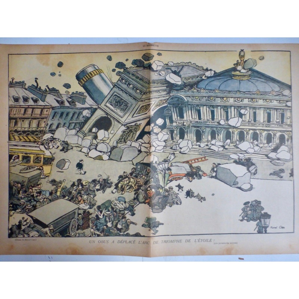 1918 DESSIN MARCEL CAPY PARIS ARC TRIOMPHE OBUS DEPLACEMENT ETOILE