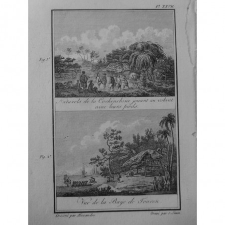 1835 GRAVURE VIETNAM INDIGENES ENFANTS JEUX BARJE TOURON