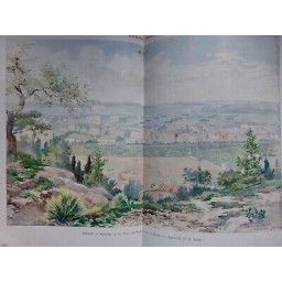 1893 MI TOULON PANORAMA VILLE PORT RADE AQUARELLE STECK