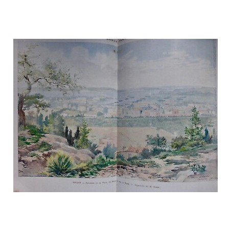 1893 MI TOULON PANORAMA VILLE PORT RADE AQUARELLE STECK